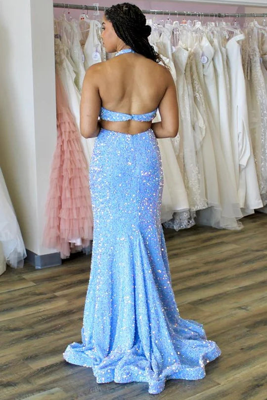 Vestido de fiesta de corte trompeta con lentejuelas y escote halter y abertura en la cintura